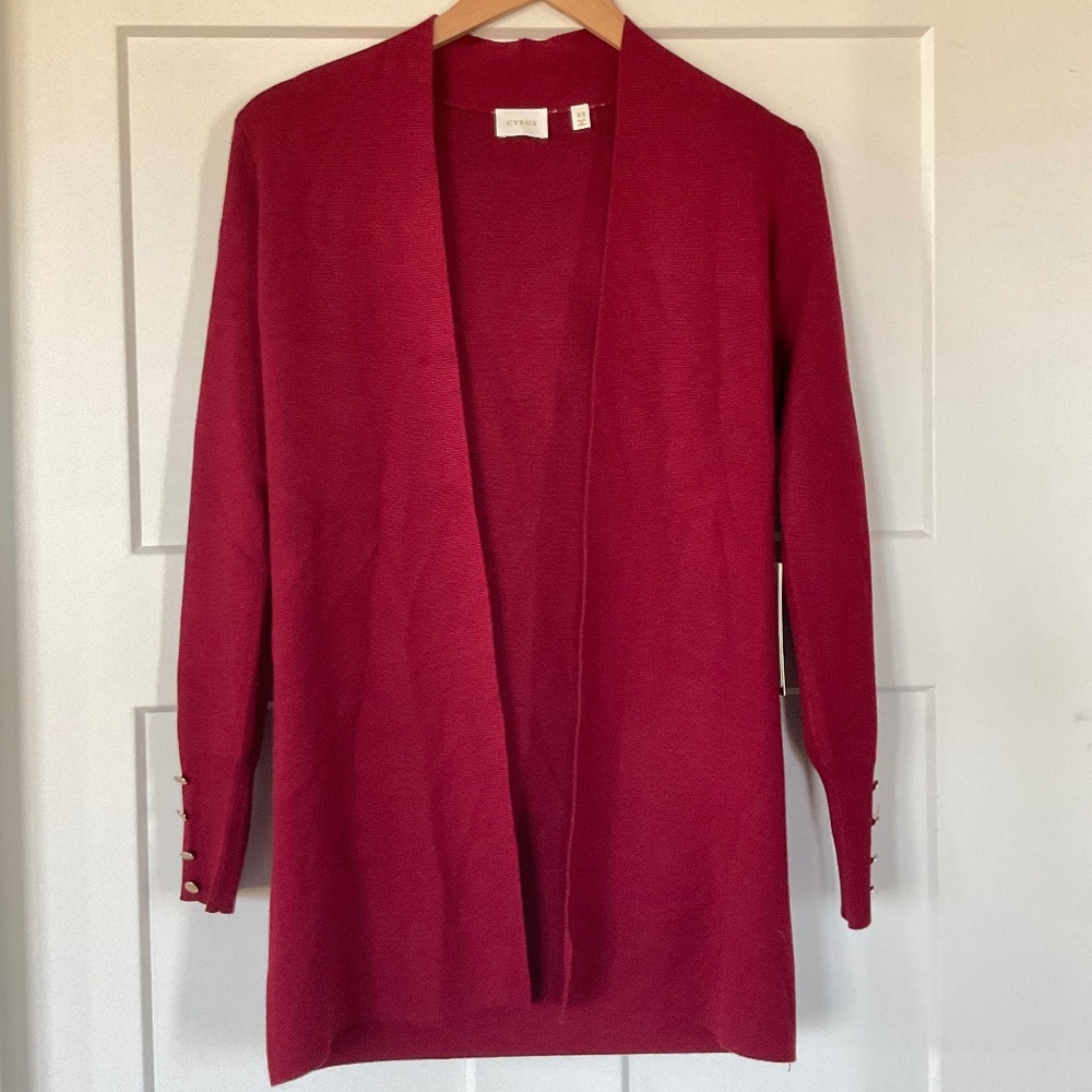 Cyrus Open Front Cardigan Wine/Burgundy Button Cuff Accent